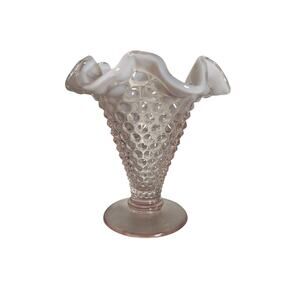 Vintage Fenton Pink Opalescent Milkglass Hobnail Ruffled Trumpet Vase 4"